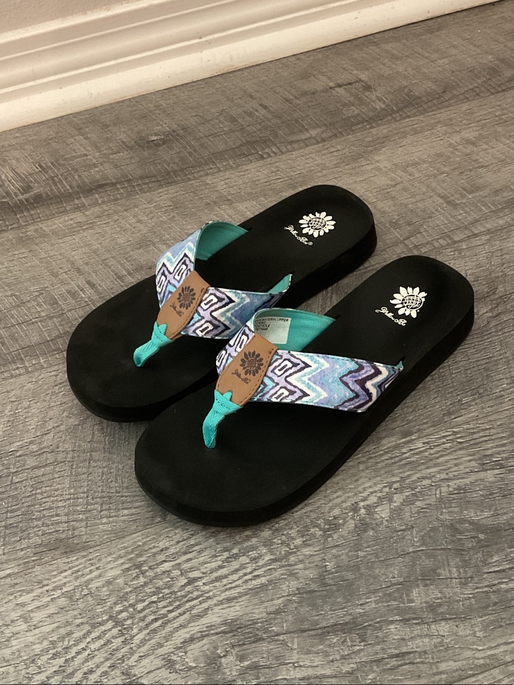 Yellow Box Flip Flops with Turquoise & Patterned Straps